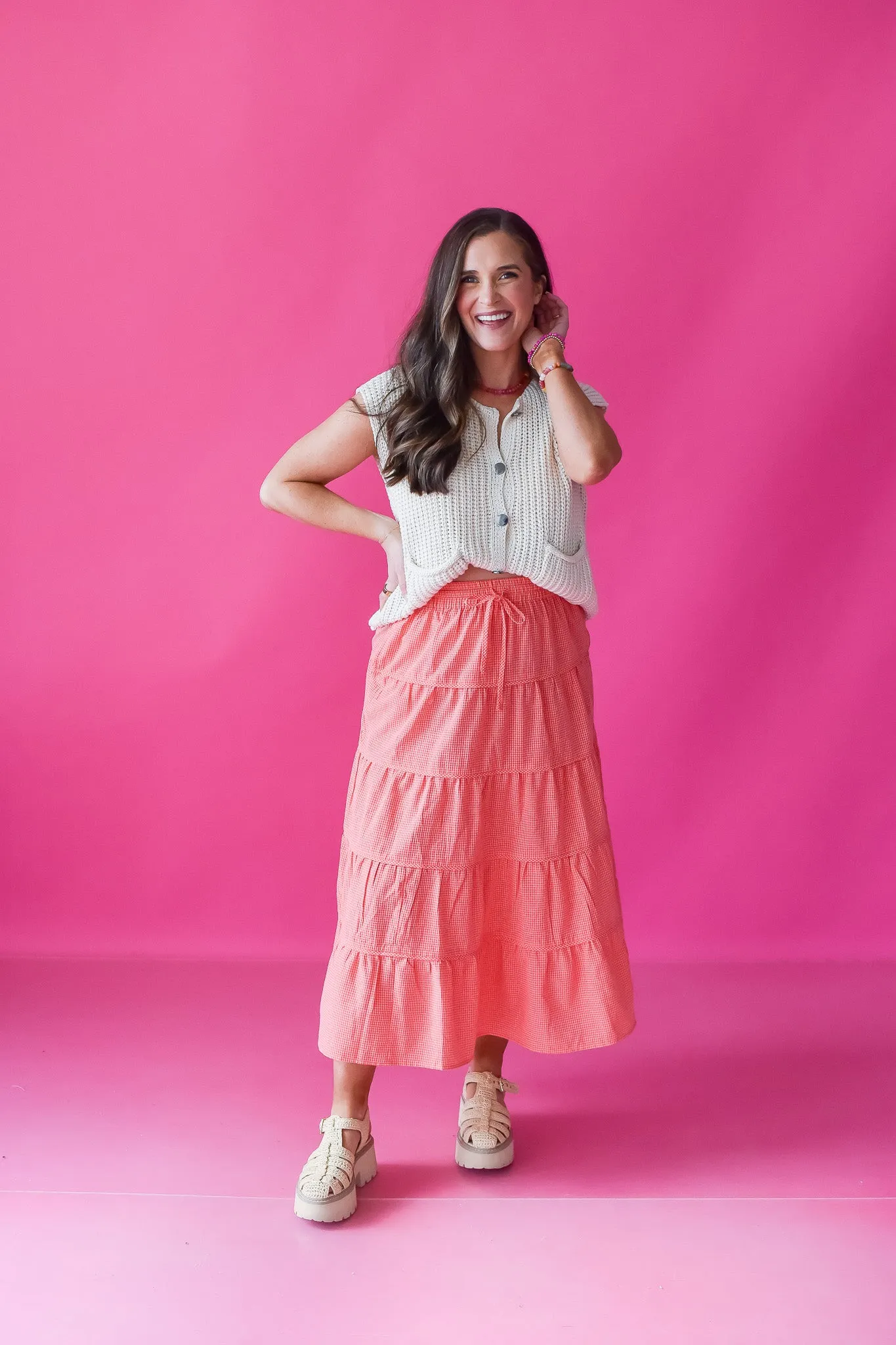 Ella Gingham Midi Skirt in Pink/Red