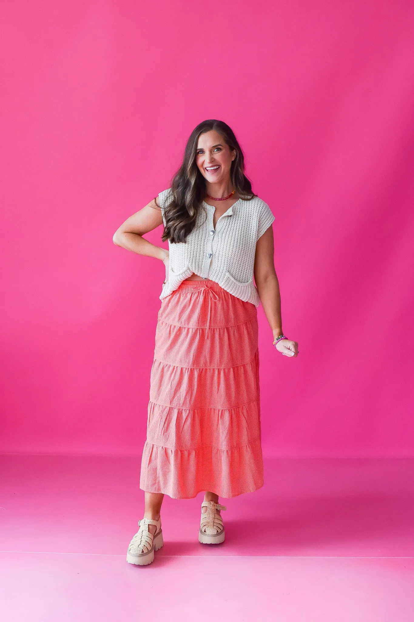 Ella Gingham Midi Skirt in Pink/Red