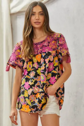 Embroidered Floral Babydoll Top