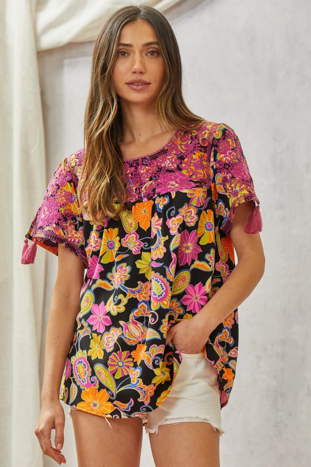 Embroidered Floral Babydoll Top