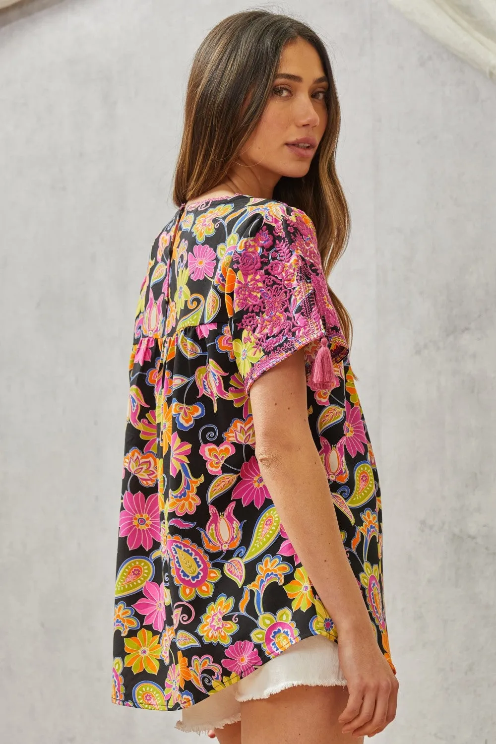 Embroidered Floral Babydoll Top