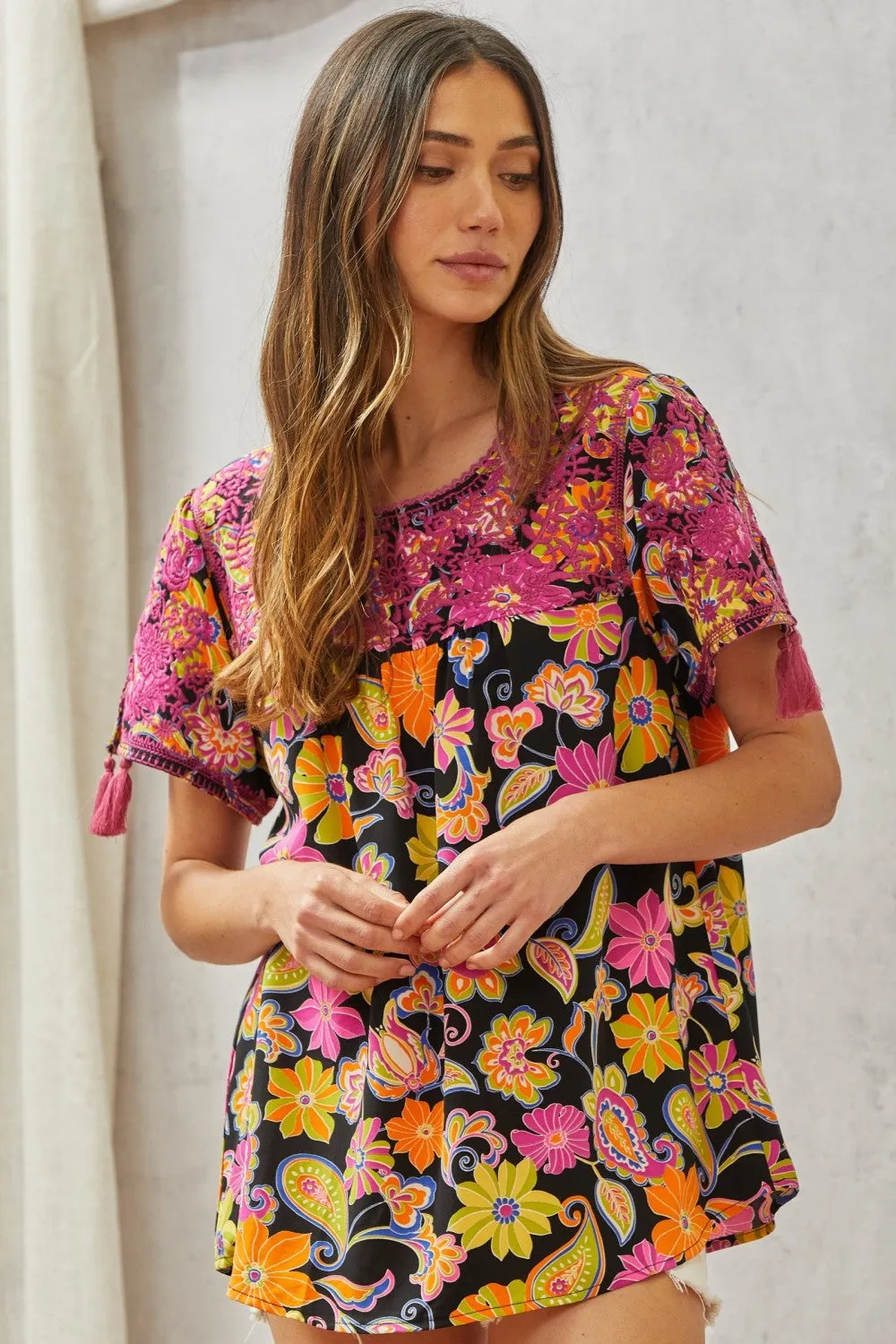 Embroidered Floral Babydoll Top