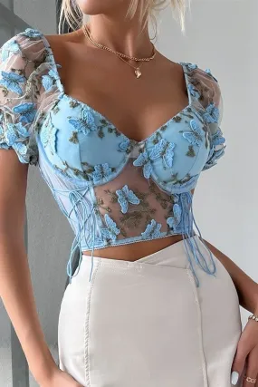 Embroidered Puff Sleeve Mesh Top Blue