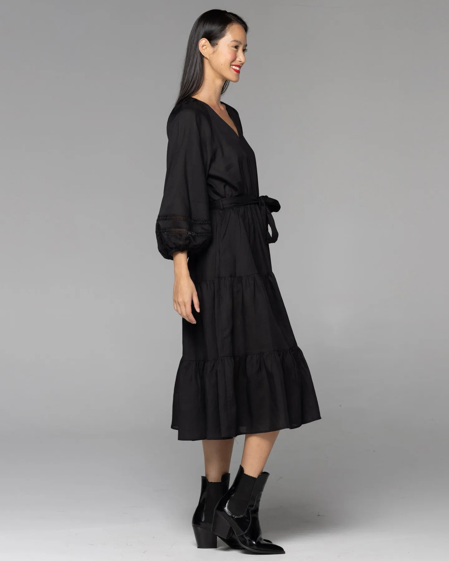 Fate Faraway Tiered Midi Dress Black