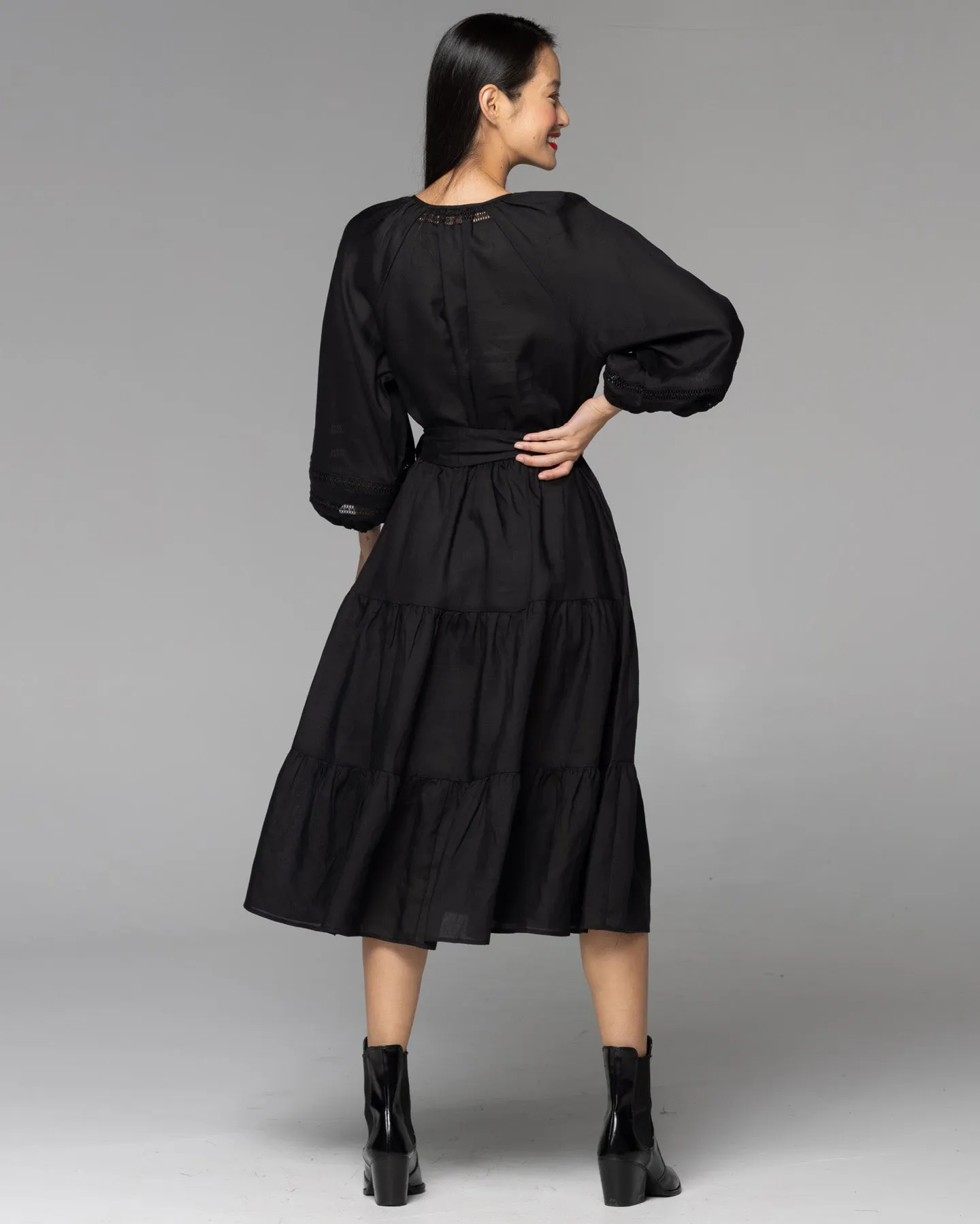 Fate Faraway Tiered Midi Dress Black