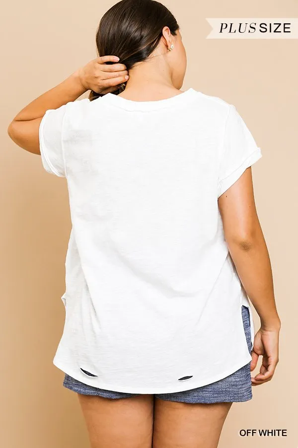 Gathered Short Sleeve V-Neck Knit Top with a Distressed Hem and Side Slits