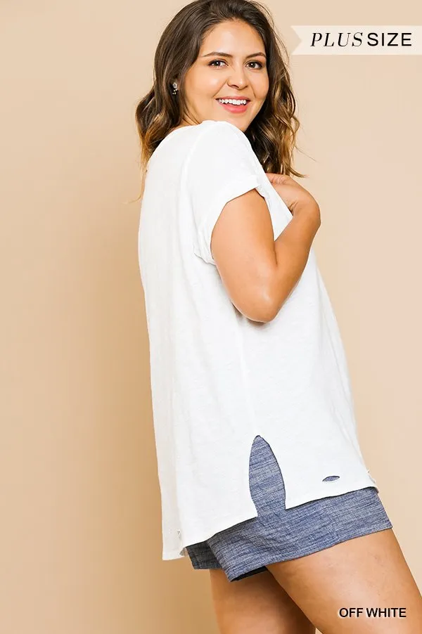 Gathered Short Sleeve V-Neck Knit Top with a Distressed Hem and Side Slits
