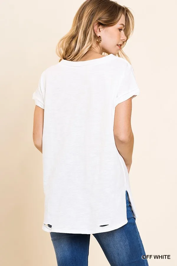 Gathered Short Sleeve V-Neck Knit Top with a Distressed Hem and Side Slits