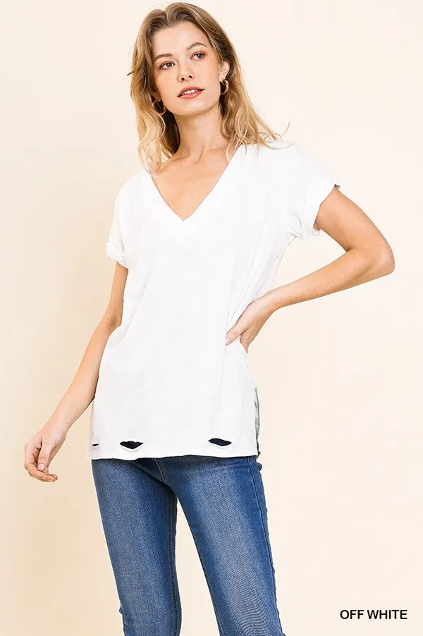Gathered Short Sleeve V-Neck Knit Top with a Distressed Hem and Side Slits