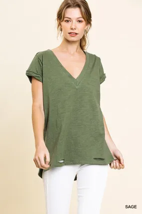 Gathered Short Sleeve V-Neck Knit Top with a Distressed Hem and Side Slits