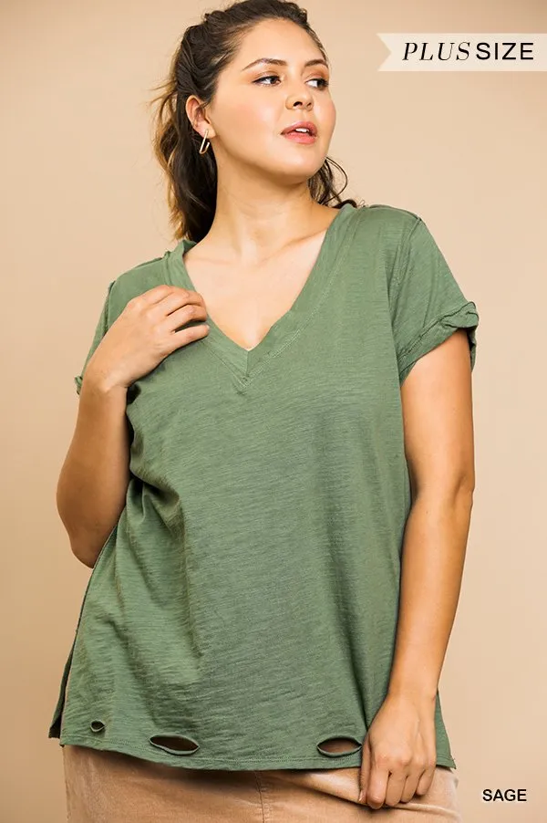 Gathered Short Sleeve V-Neck Knit Top with a Distressed Hem and Side Slits