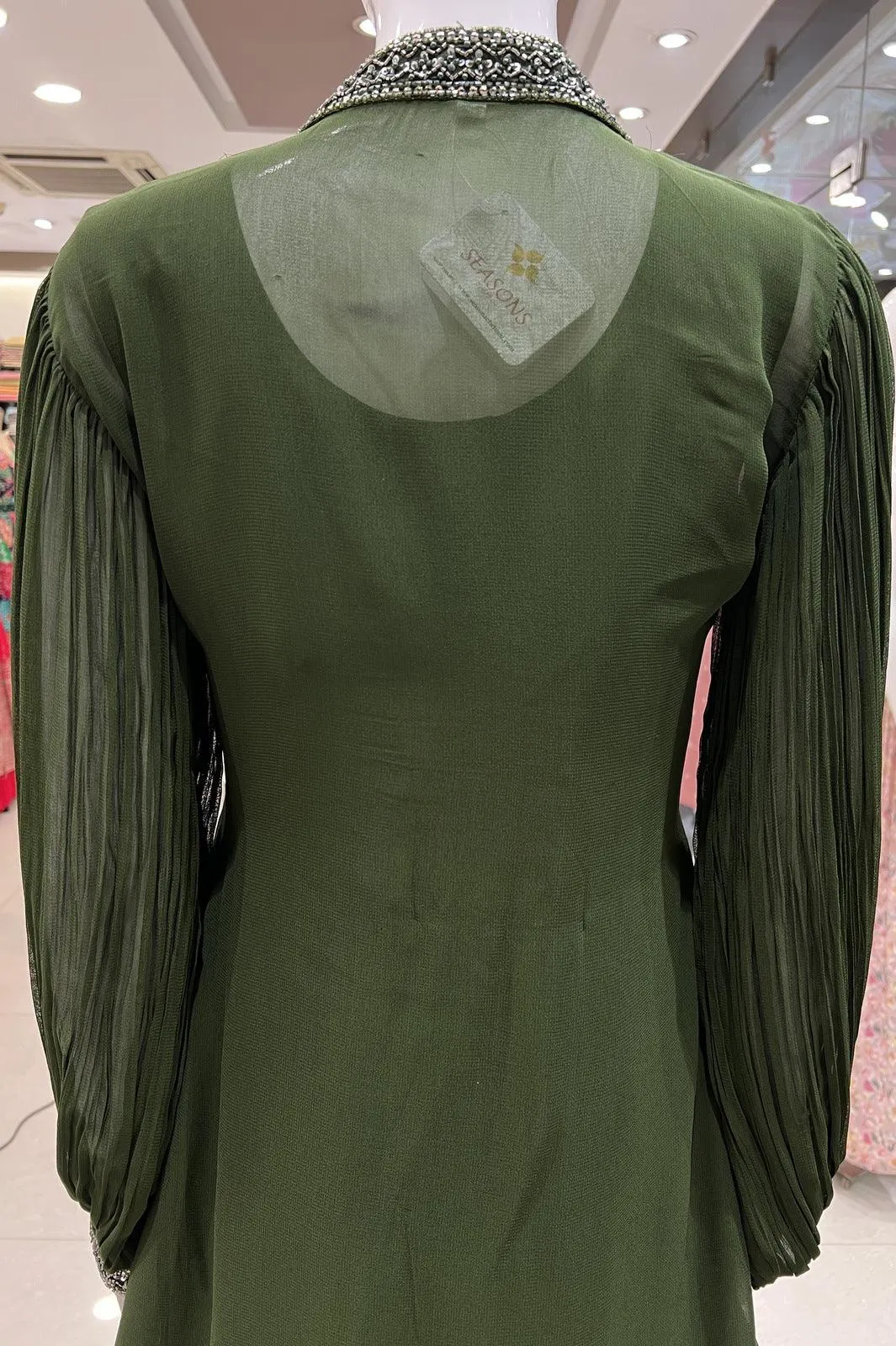Green Beads and Sequins work Overcoat Styled Floor Length Anarkali Suit