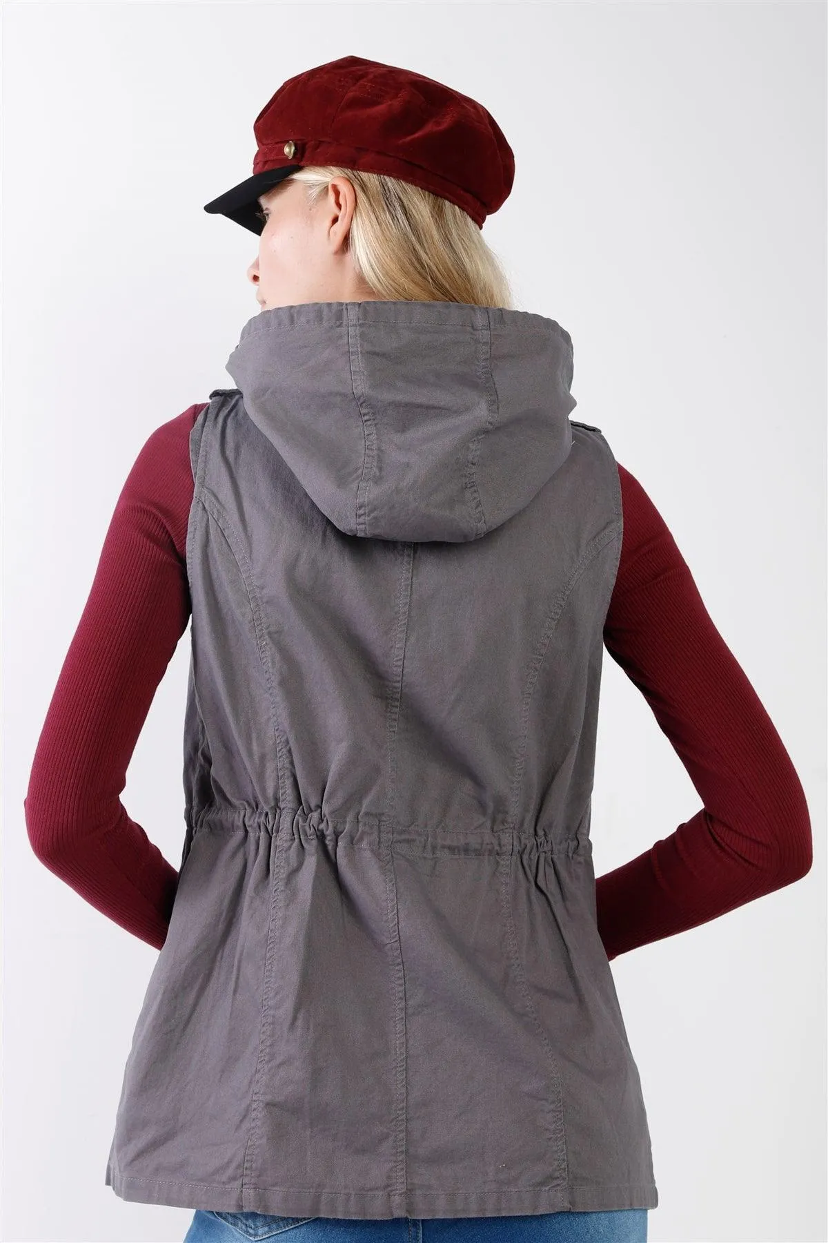 Grey Sleeveless Foldable Detachable Hood Detail Parka Utility Vest