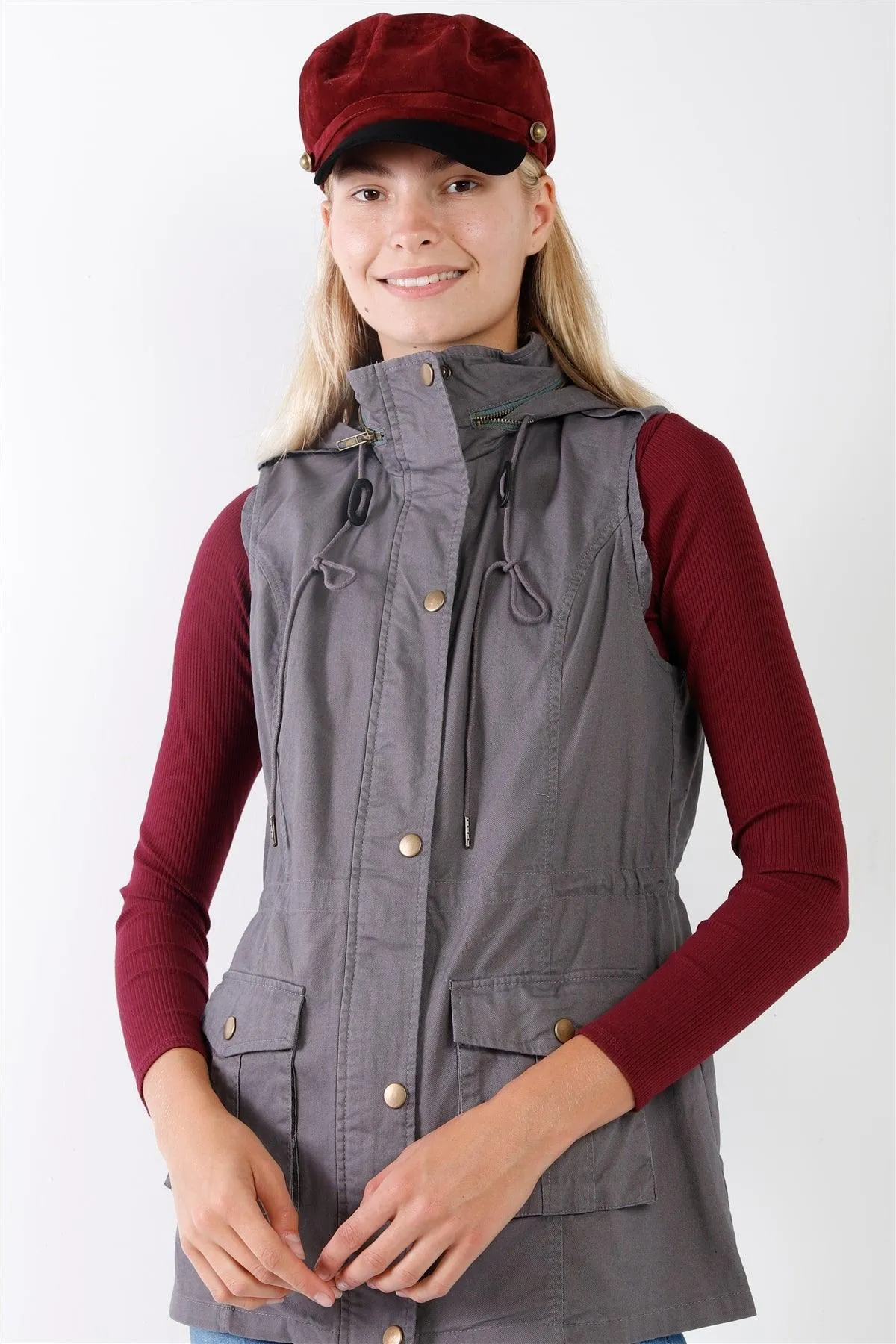 Grey Sleeveless Foldable Detachable Hood Detail Parka Utility Vest