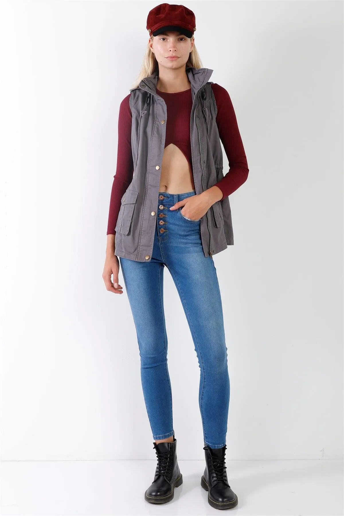Grey Sleeveless Foldable Detachable Hood Detail Parka Utility Vest