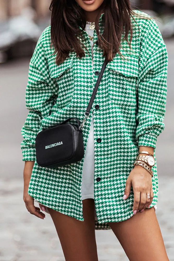 Houndstooth Turn Down Collar Single Breasted Shacket Women