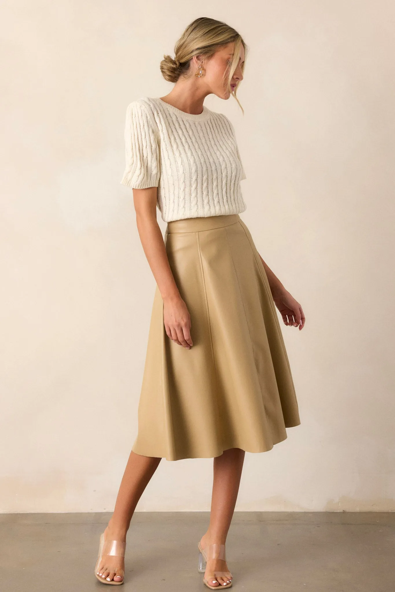 In My Memories Beige Faux Leather Midi Skirt