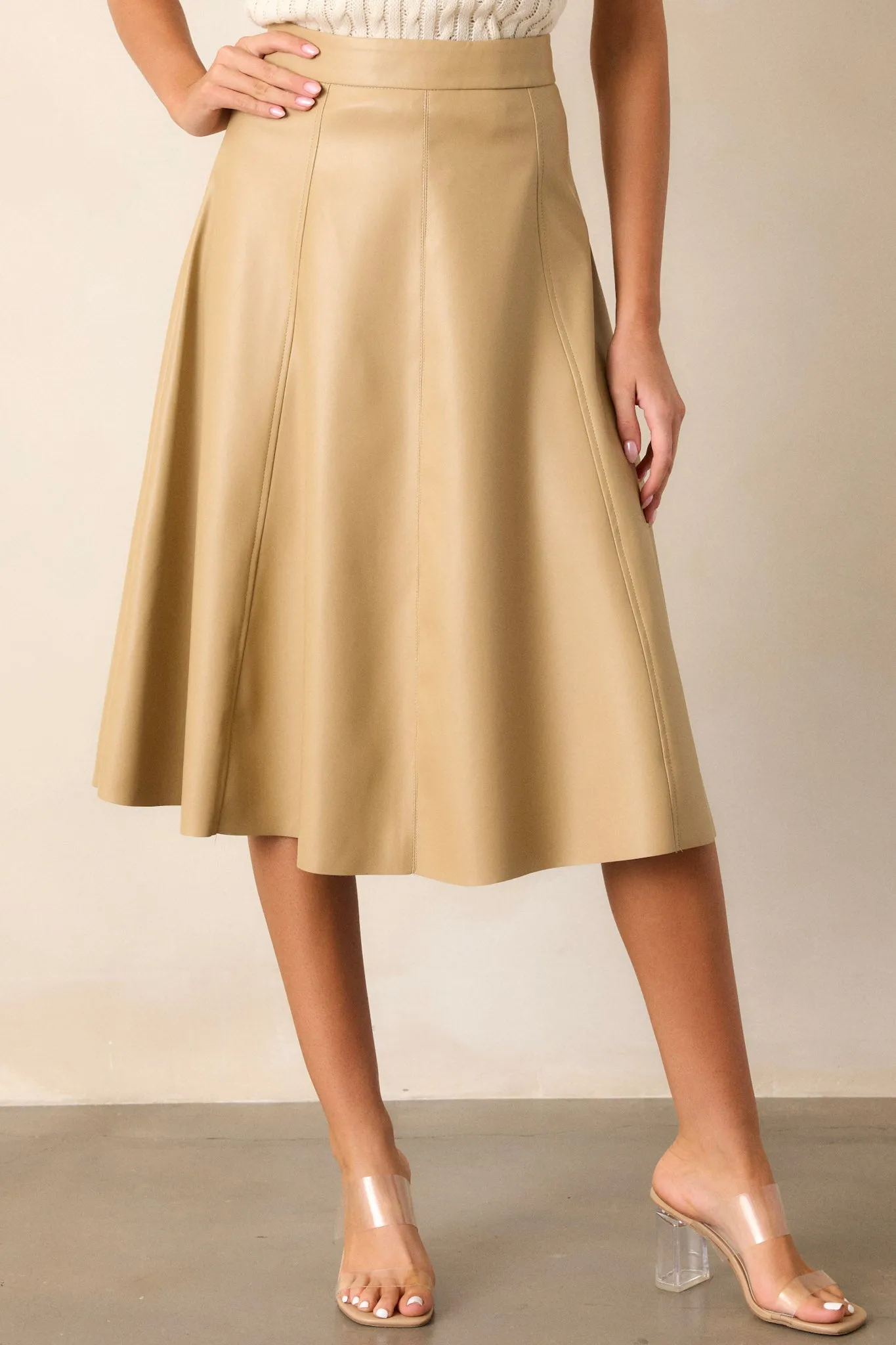 In My Memories Beige Faux Leather Midi Skirt