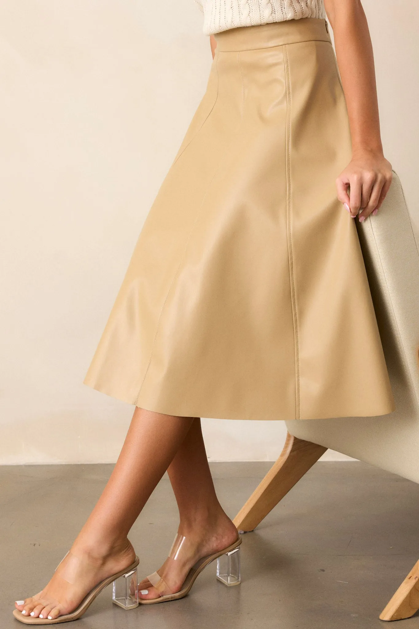 In My Memories Beige Faux Leather Midi Skirt