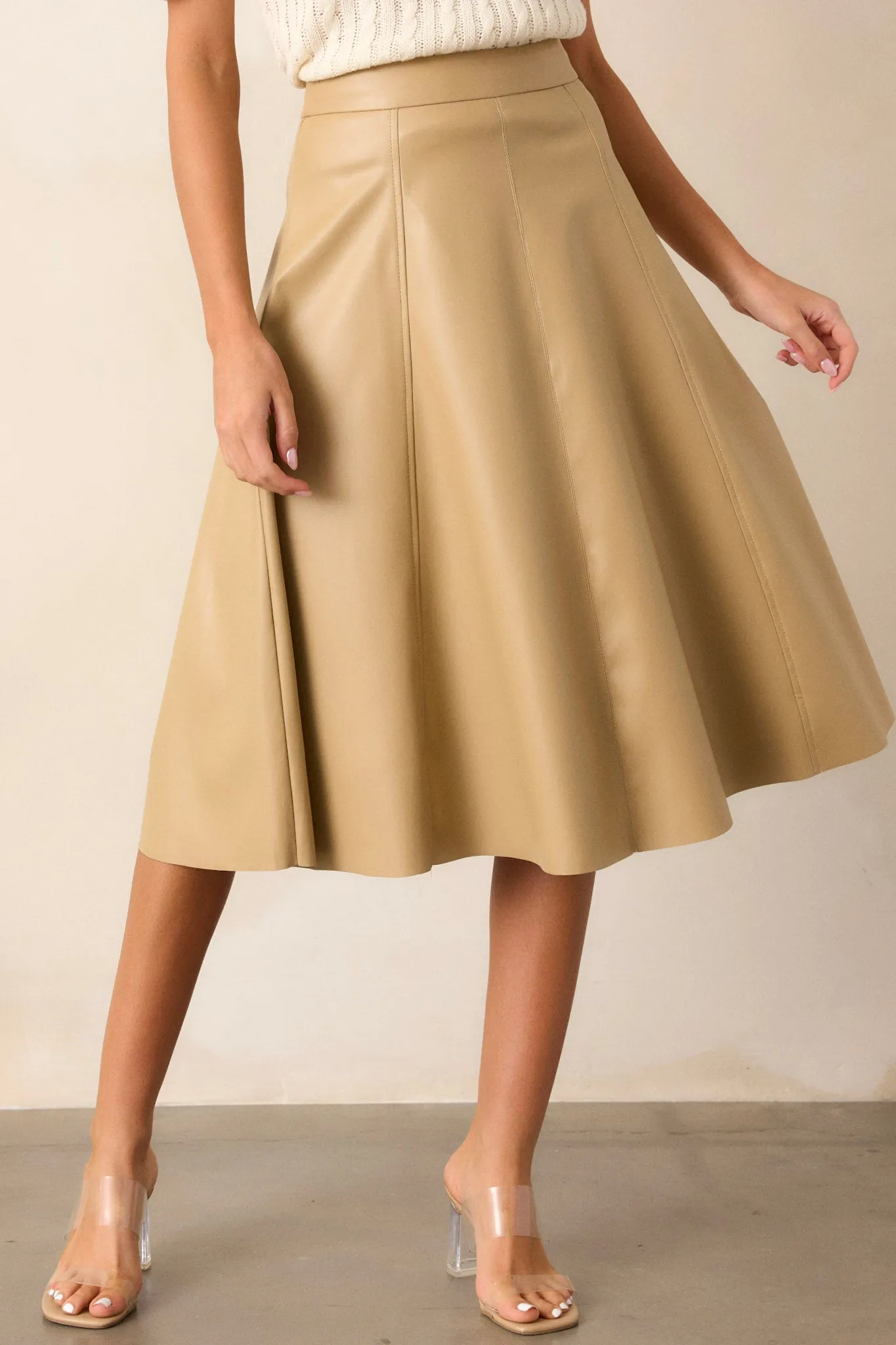 In My Memories Beige Faux Leather Midi Skirt