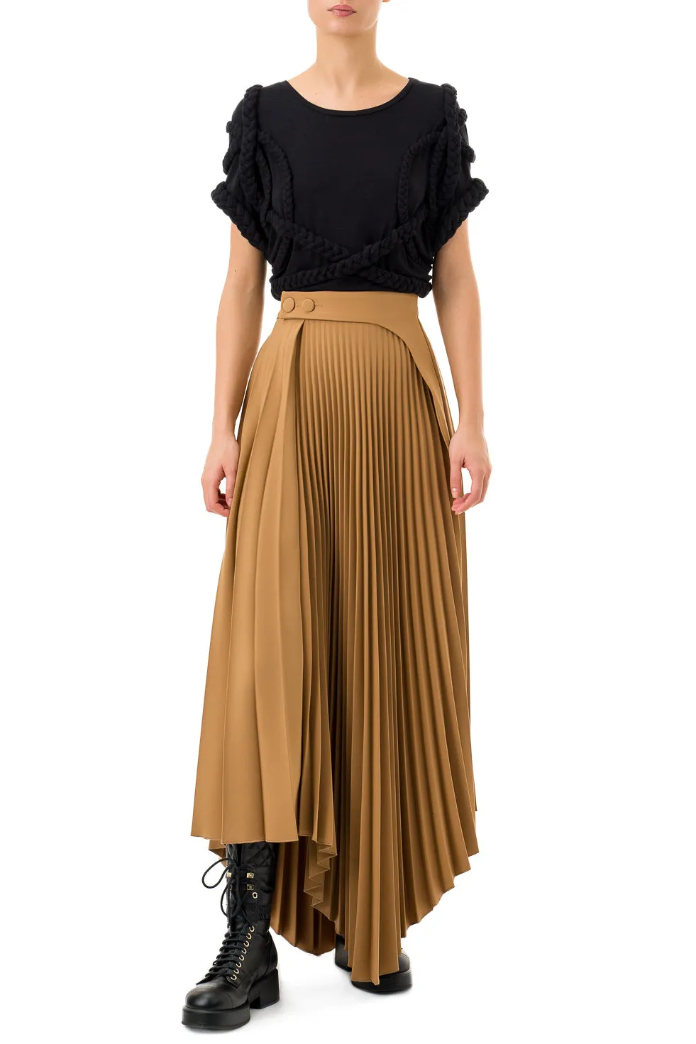 Jamila Brown Asymmetric Pleated Long Skirt