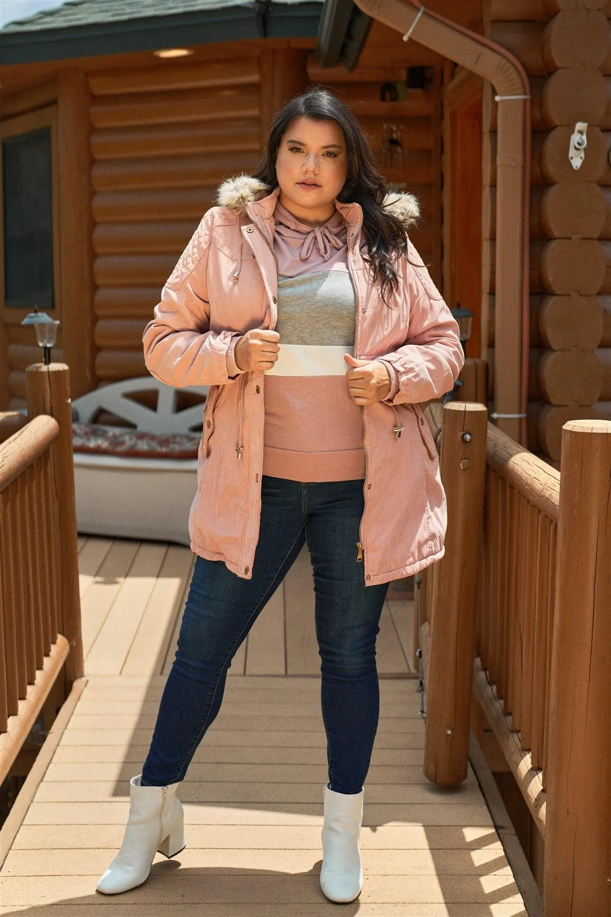 Junior Plus Size Pink Quilted Detail Vegan Fur Cotton Twill Parka Jacket /2-2