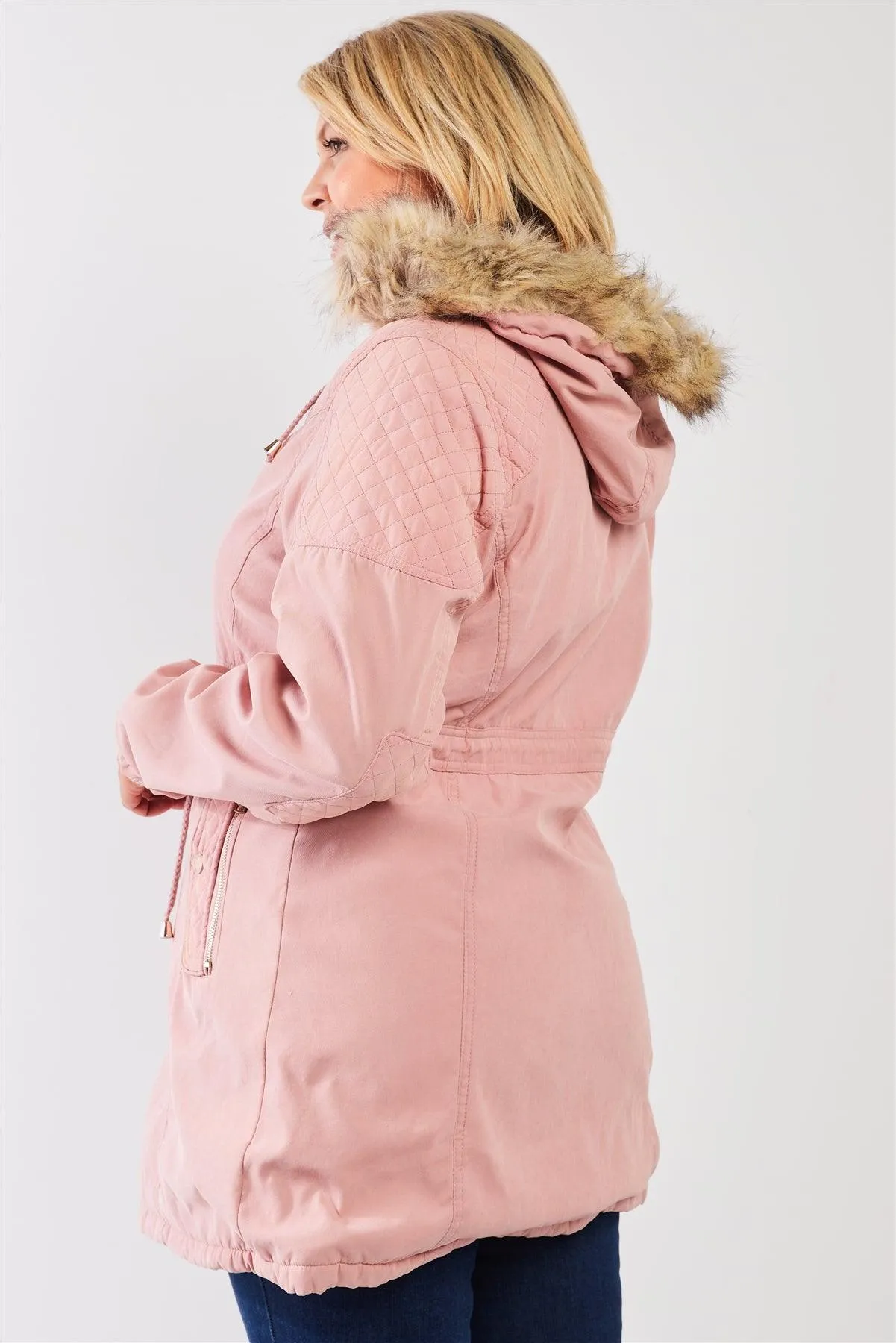 Junior Plus Size Pink Quilted Detail Vegan Fur Cotton Twill Parka Jacket /2-2