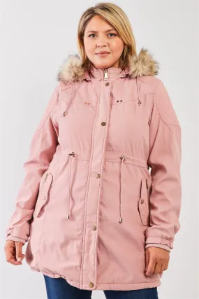 Junior Plus Size Pink Quilted Detail Vegan Fur Cotton Twill Parka Jacket /2-2