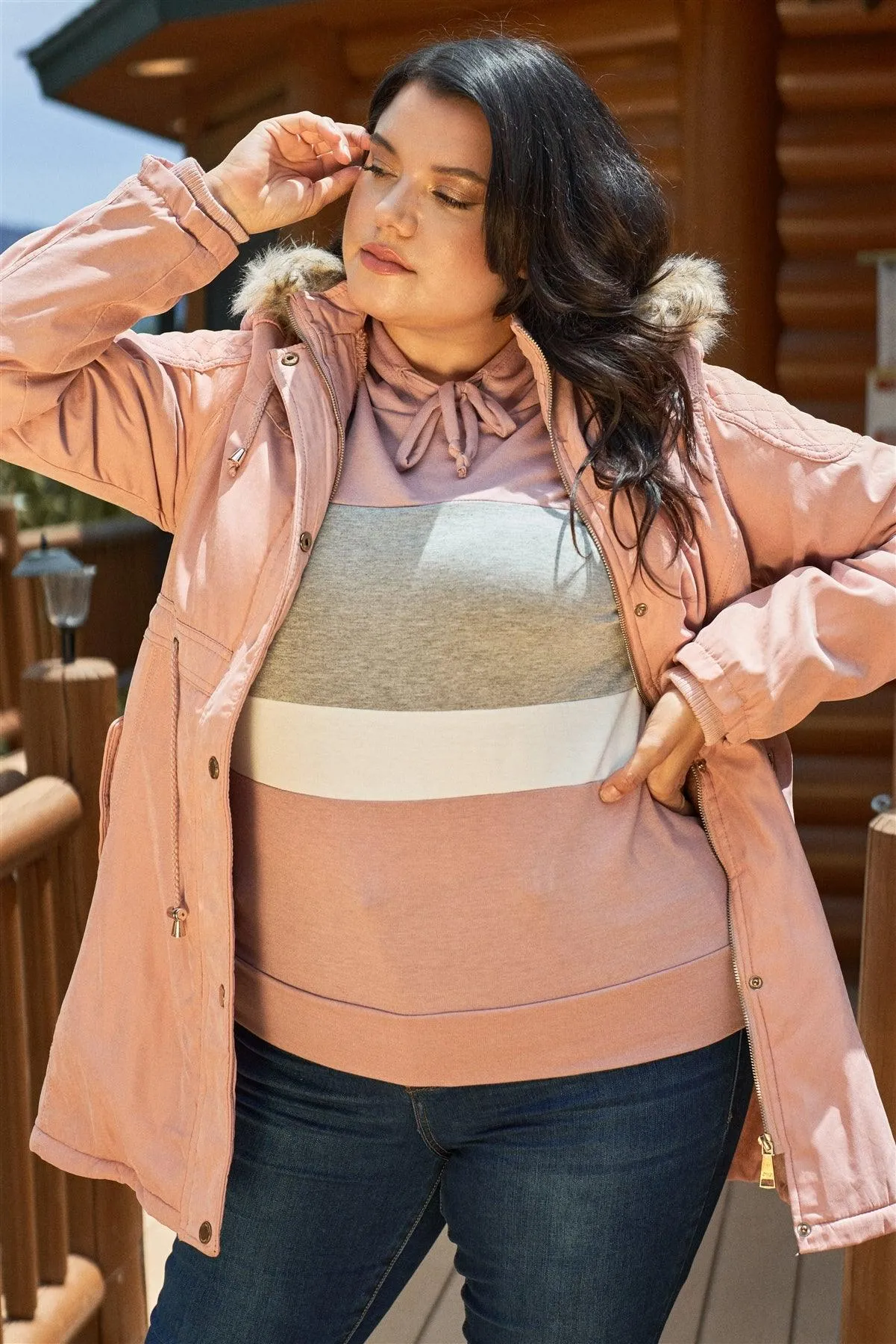 Junior Plus Size Pink Quilted Detail Vegan Fur Cotton Twill Parka Jacket /2-2