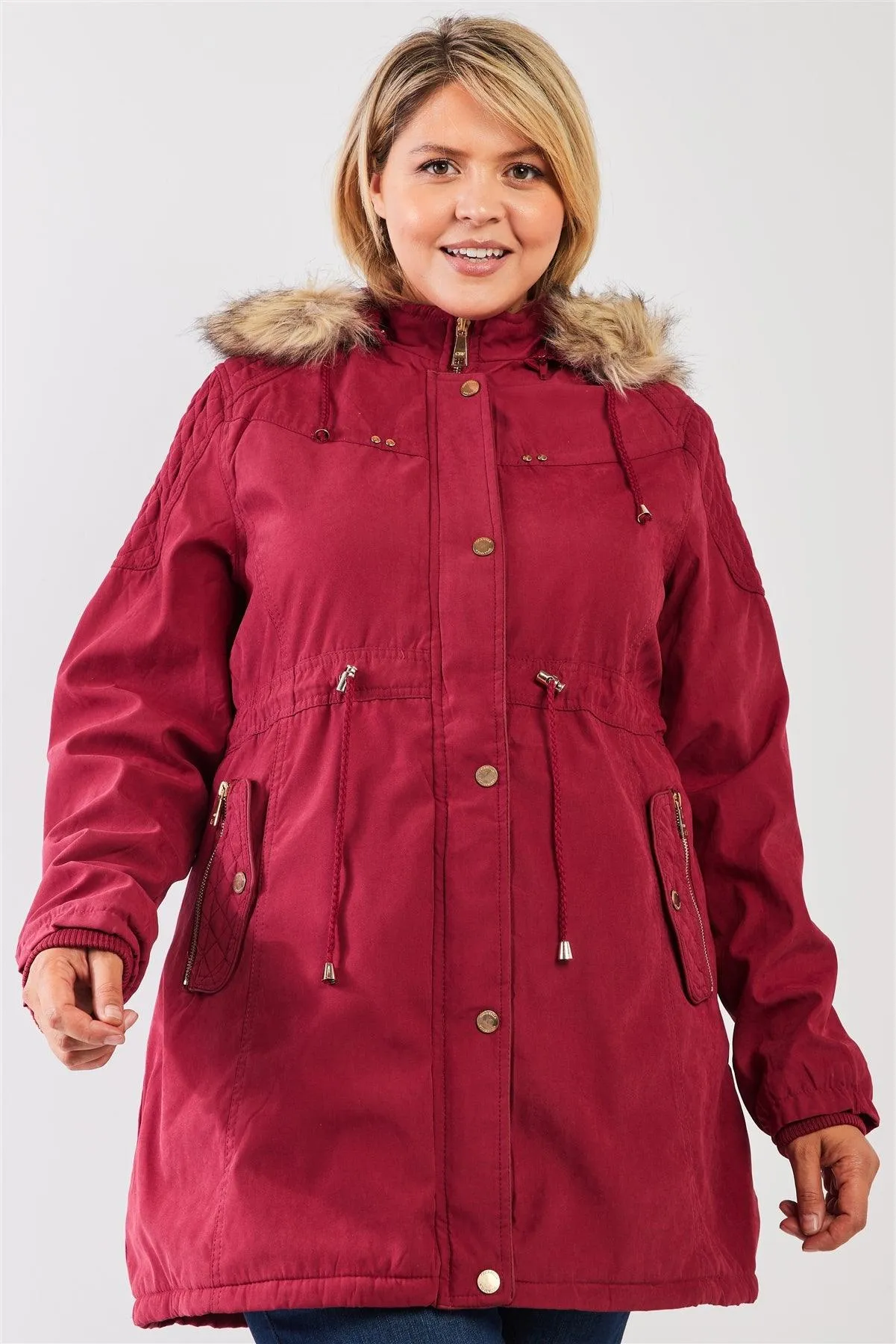 Junior Plus Size Wine Fuchsia  Quilted Detail Vegan Fur Cotton Twill Parka Jacket /2-2-1-1