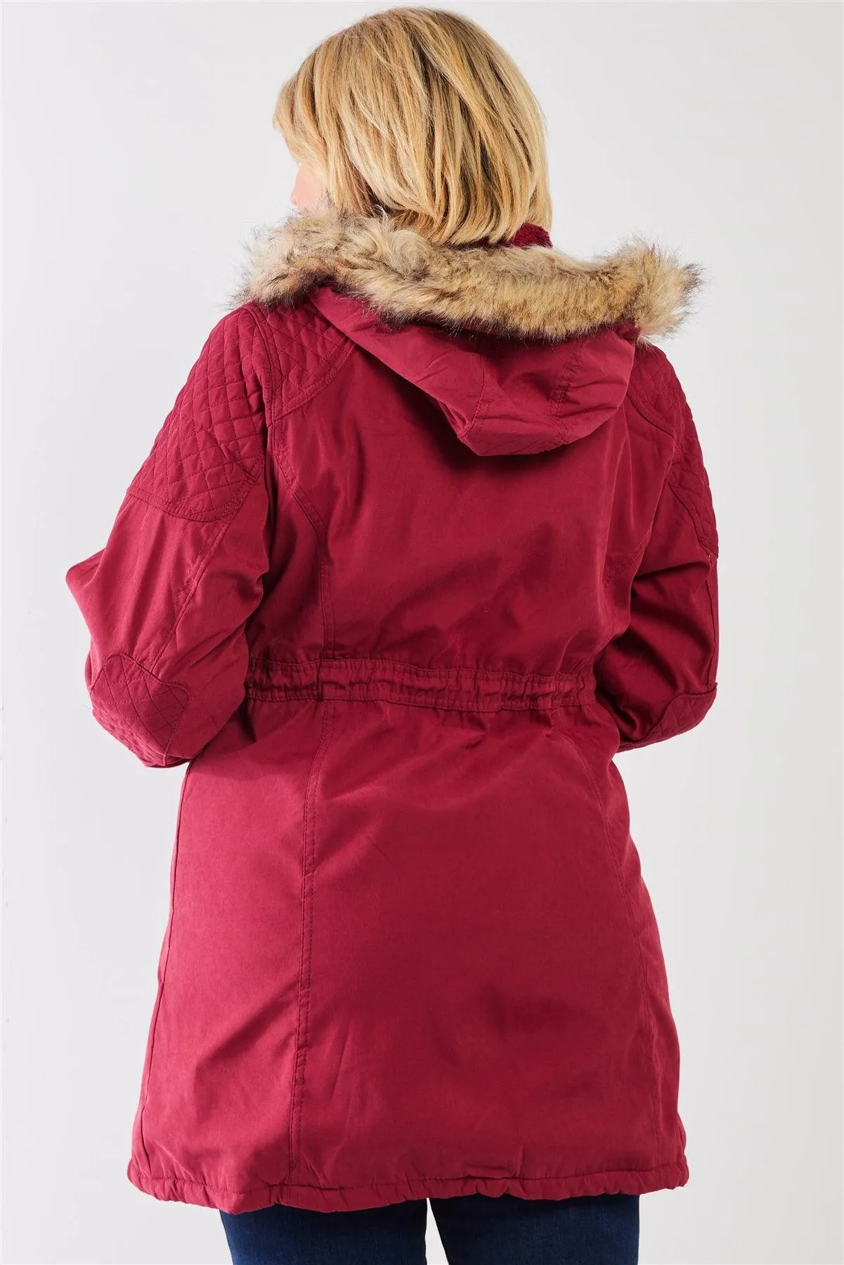 Junior Plus Size Wine Fuchsia  Quilted Detail Vegan Fur Cotton Twill Parka Jacket /2-2-1-1