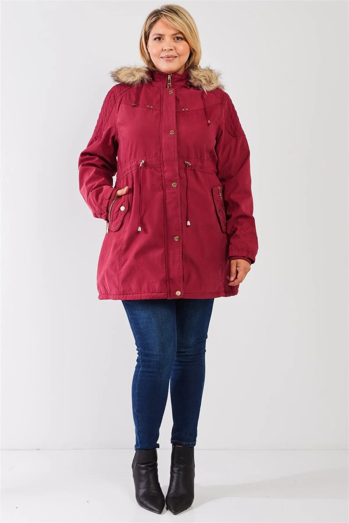 Junior Plus Size Wine Fuchsia  Quilted Detail Vegan Fur Cotton Twill Parka Jacket /2-2-1-1