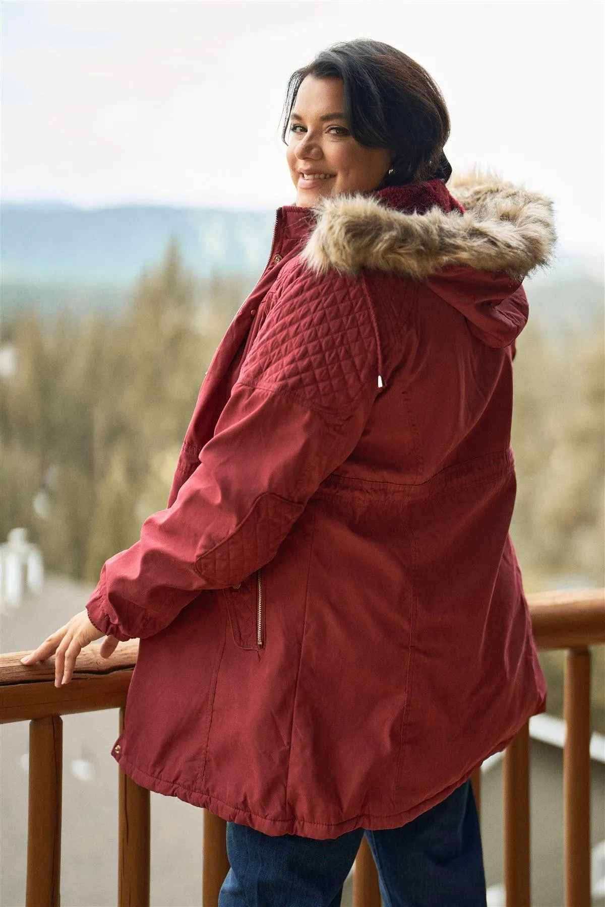 Junior Plus Size Wine Fuchsia  Quilted Detail Vegan Fur Cotton Twill Parka Jacket /2-2-1-1