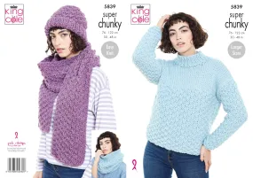 King Cole Super Chunky Knitting Pattern - Ladies Sweater & Accessories (5839)