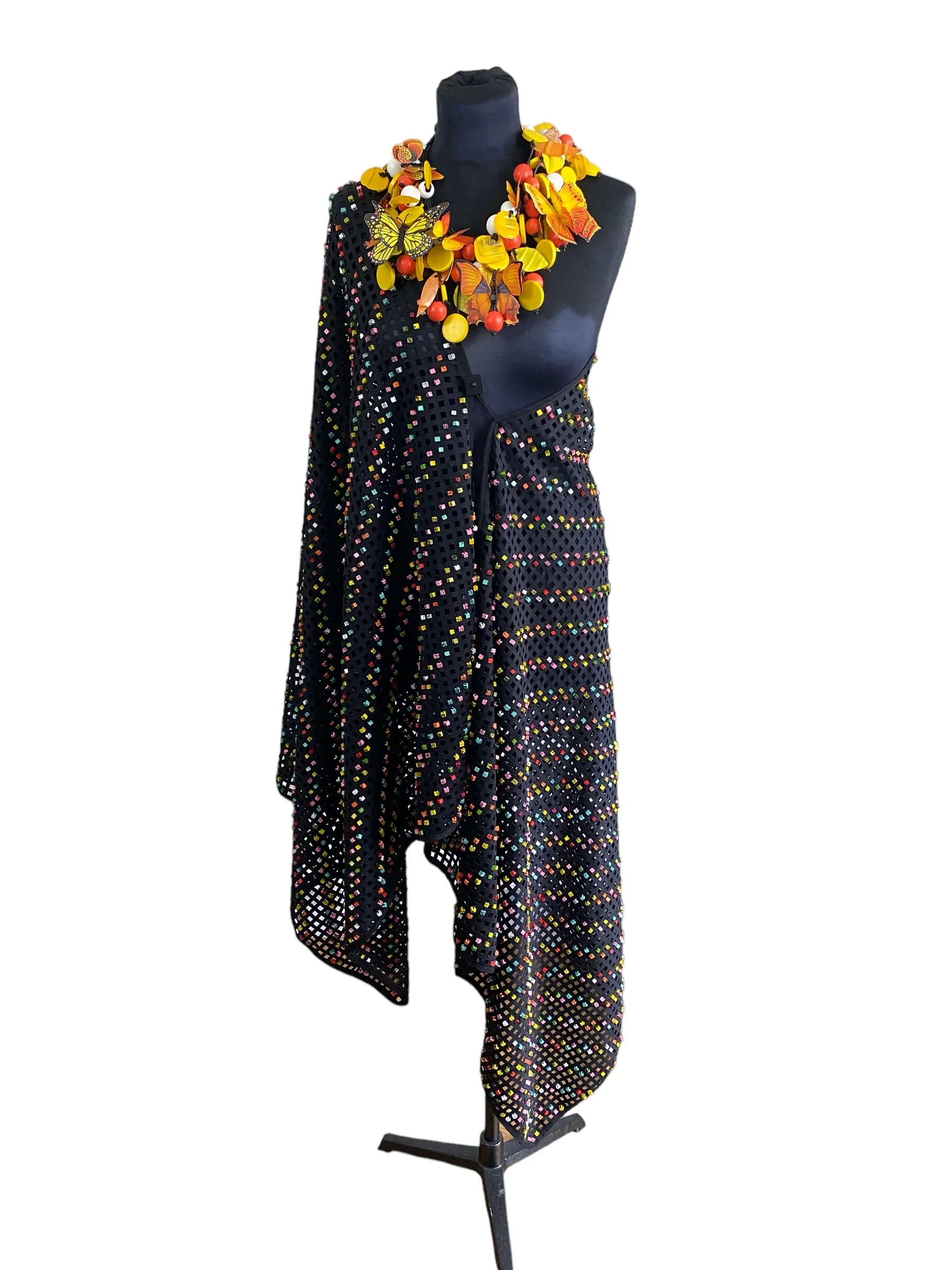 Laser Cut Shawl With Hand Painted Summer Multicolour With Black Speckles