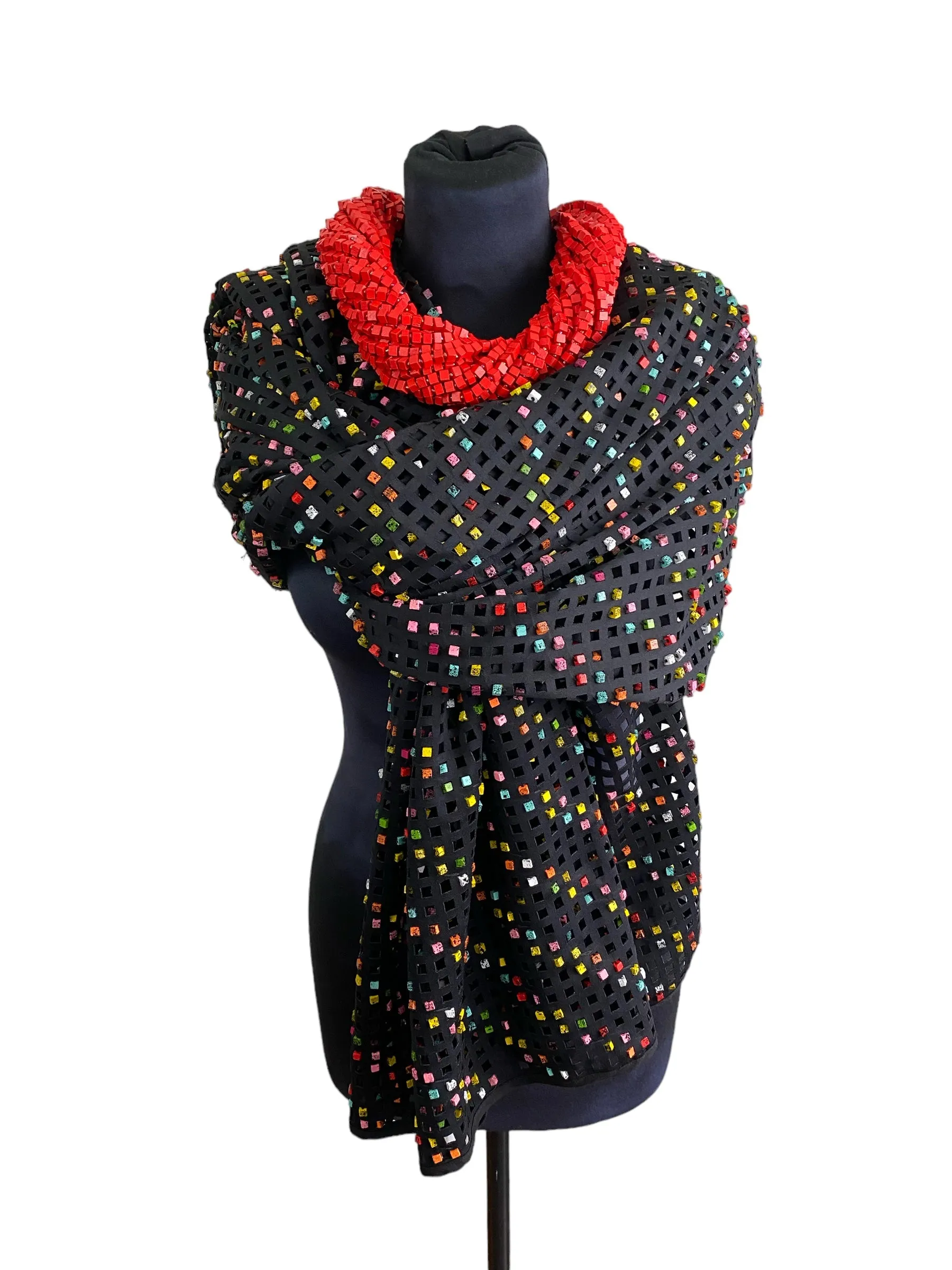Laser Cut Shawl With Hand Painted Summer Multicolour With Black Speckles