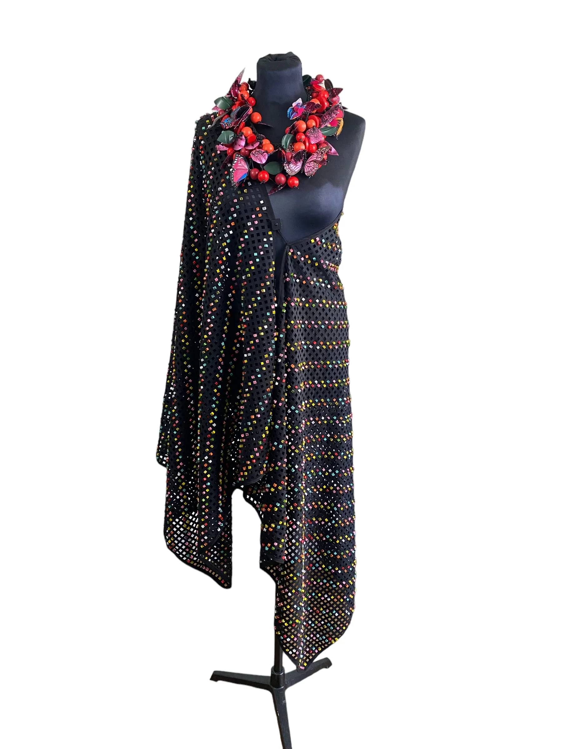 Laser Cut Shawl With Hand Painted Summer Multicolour With Black Speckles