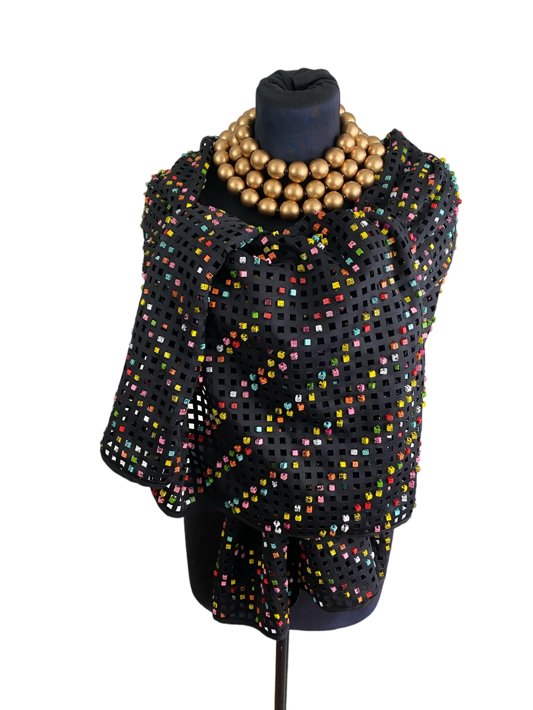 Laser Cut Shawl With Hand Painted Summer Multicolour With Black Speckles