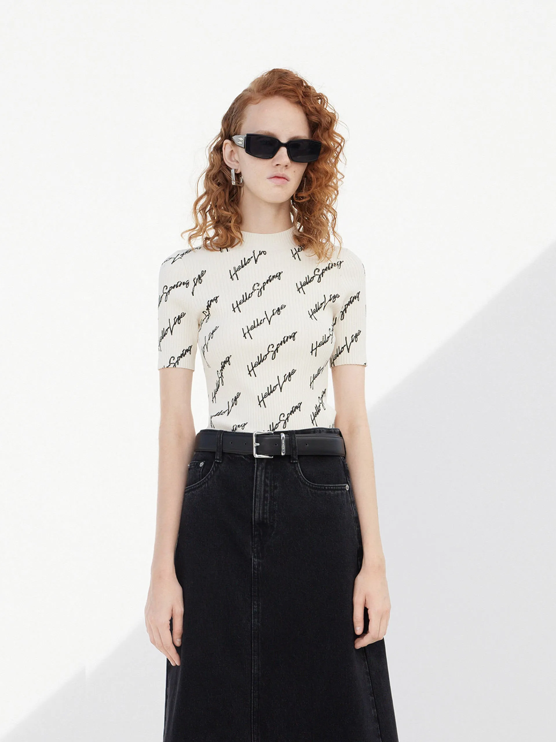 Letter Print Ribbed Knit Top