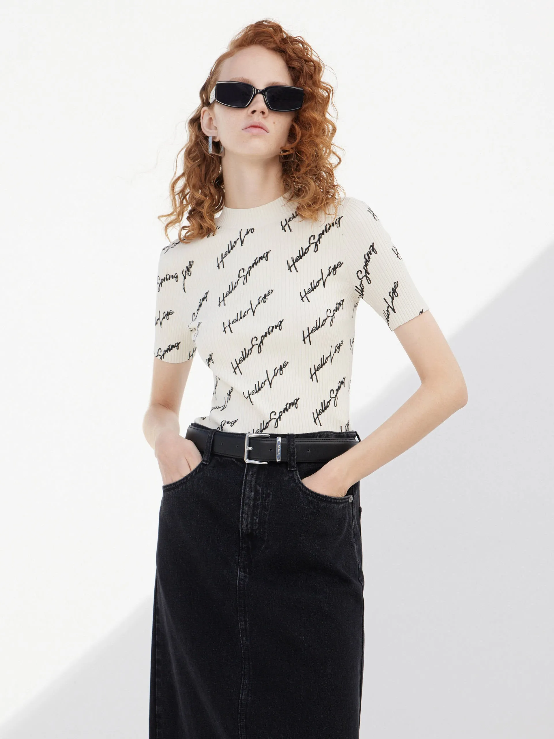 Letter Print Ribbed Knit Top
