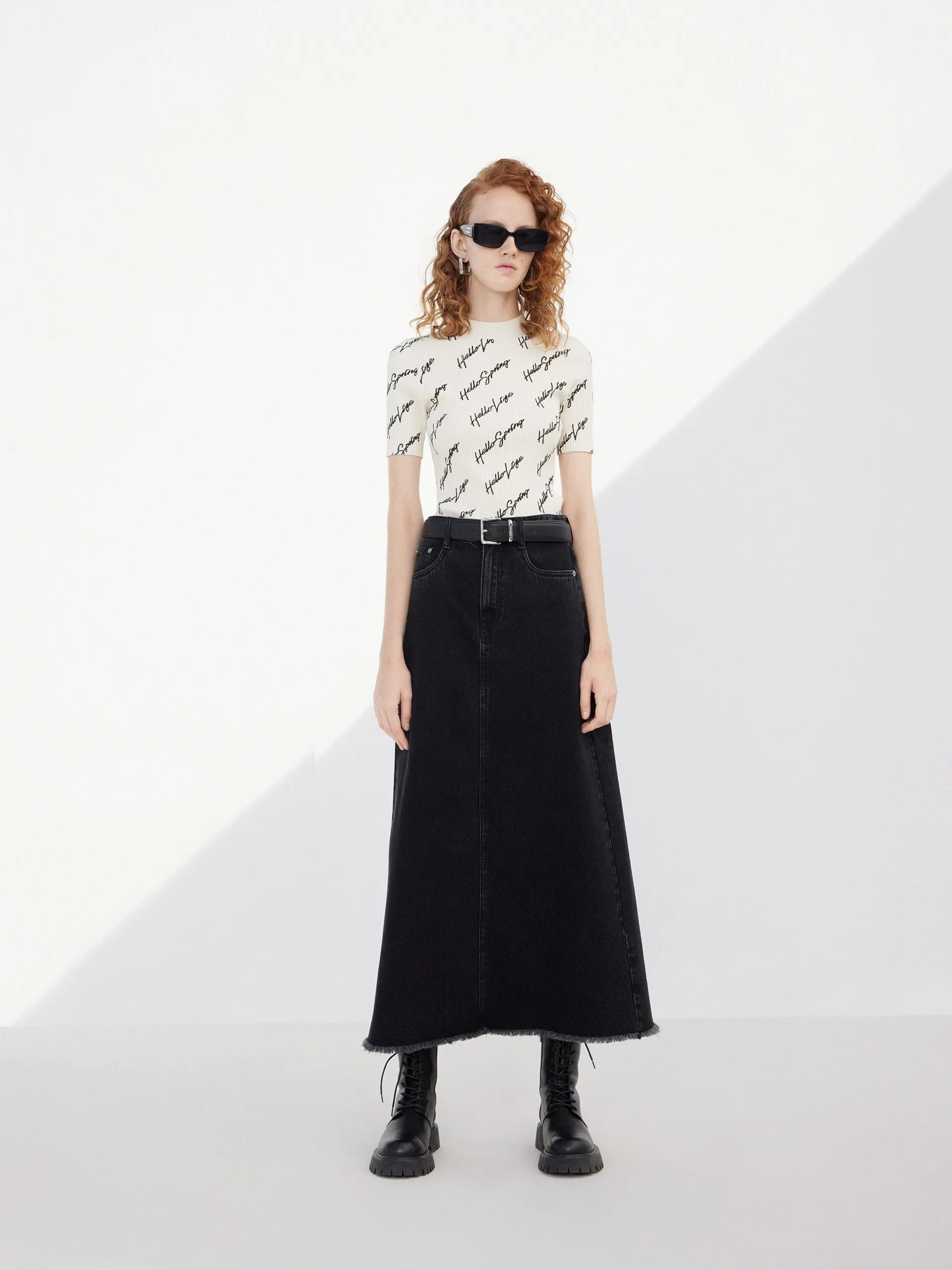Letter Print Ribbed Knit Top