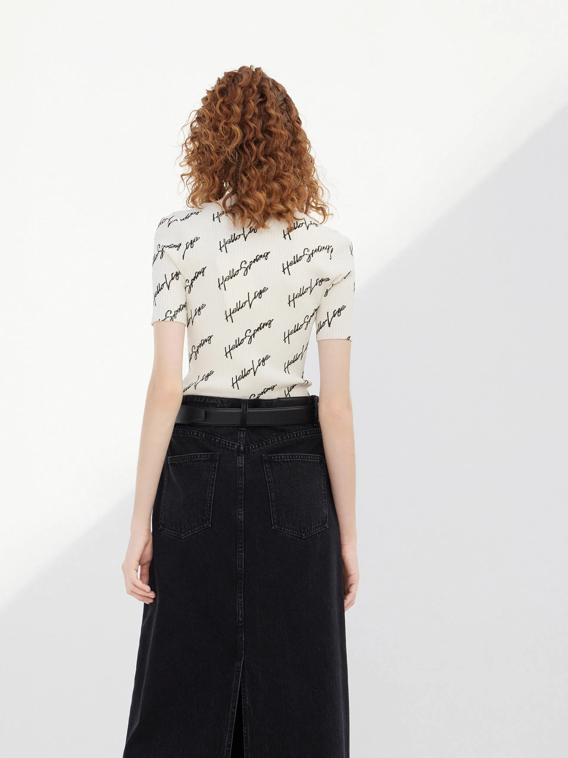 Letter Print Ribbed Knit Top