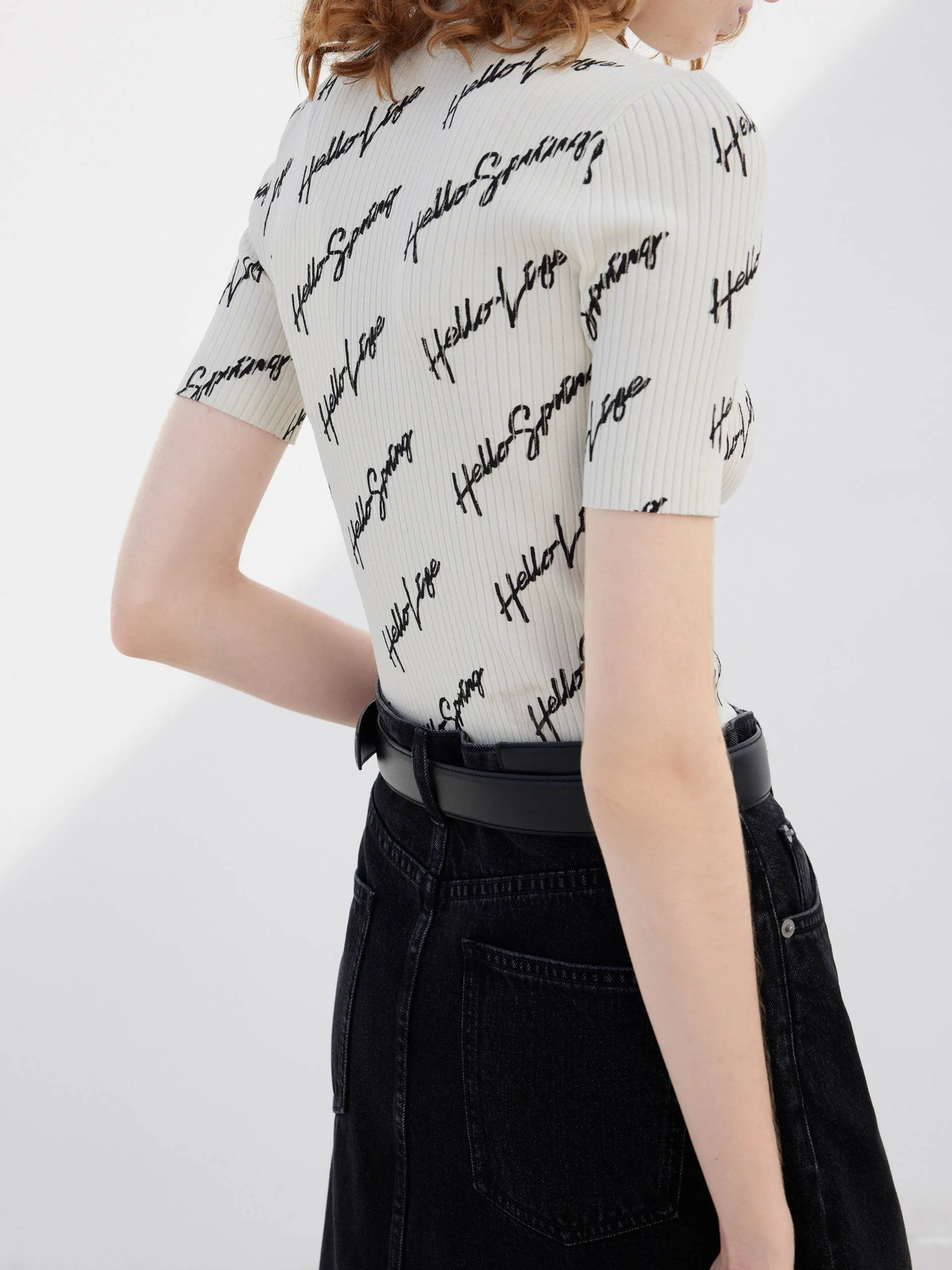 Letter Print Ribbed Knit Top