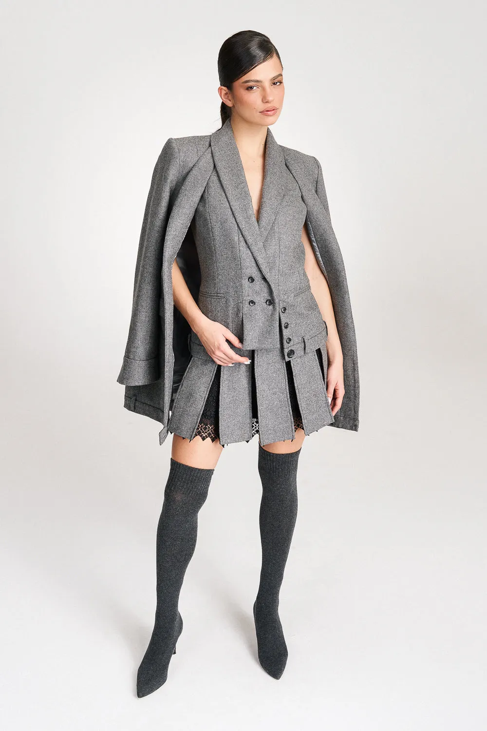 'Maeve' Grey Wool Pleated Lace-trimmed Mini Skirt