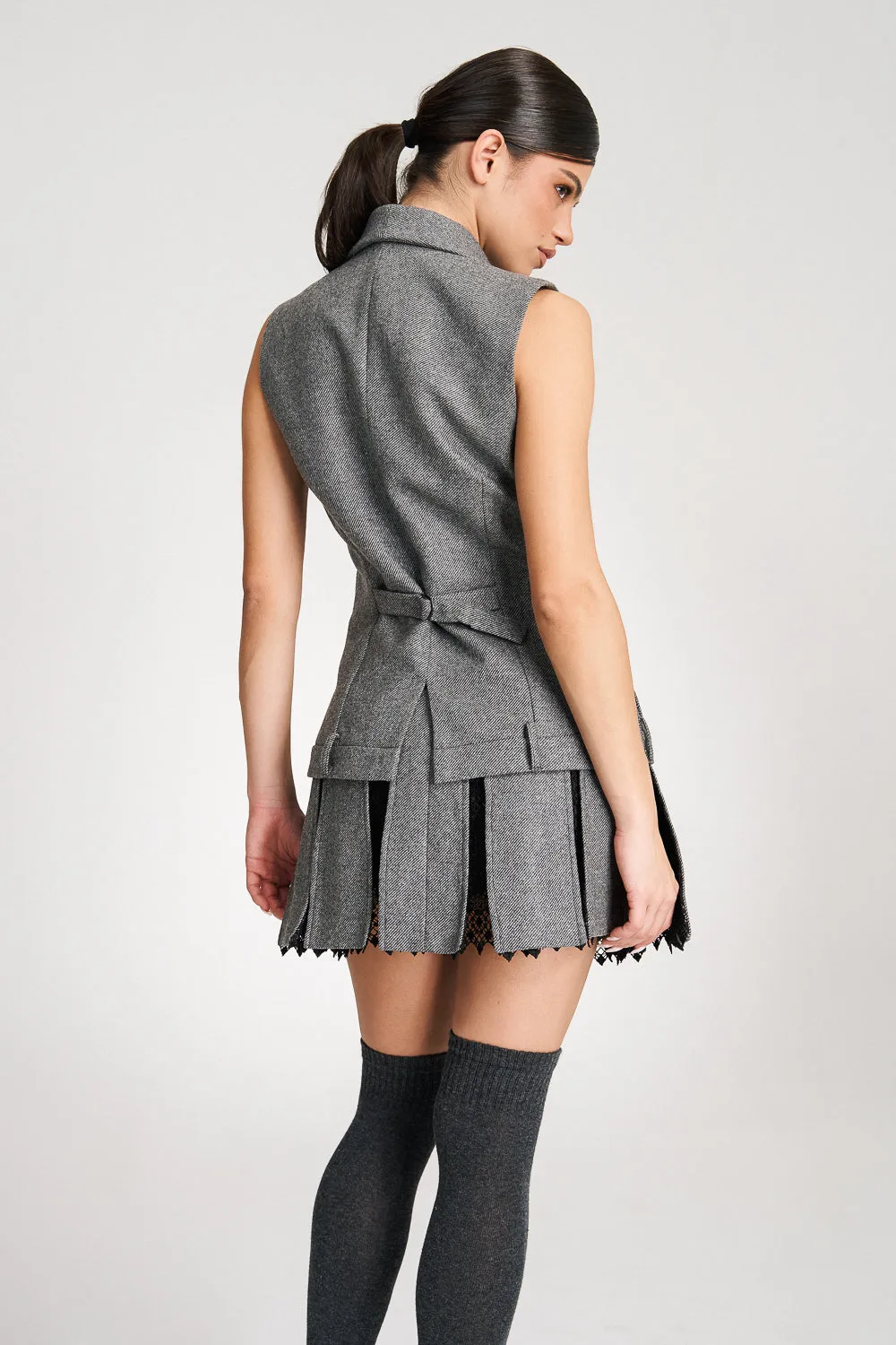 'Maeve' Grey Wool Pleated Lace-trimmed Mini Skirt