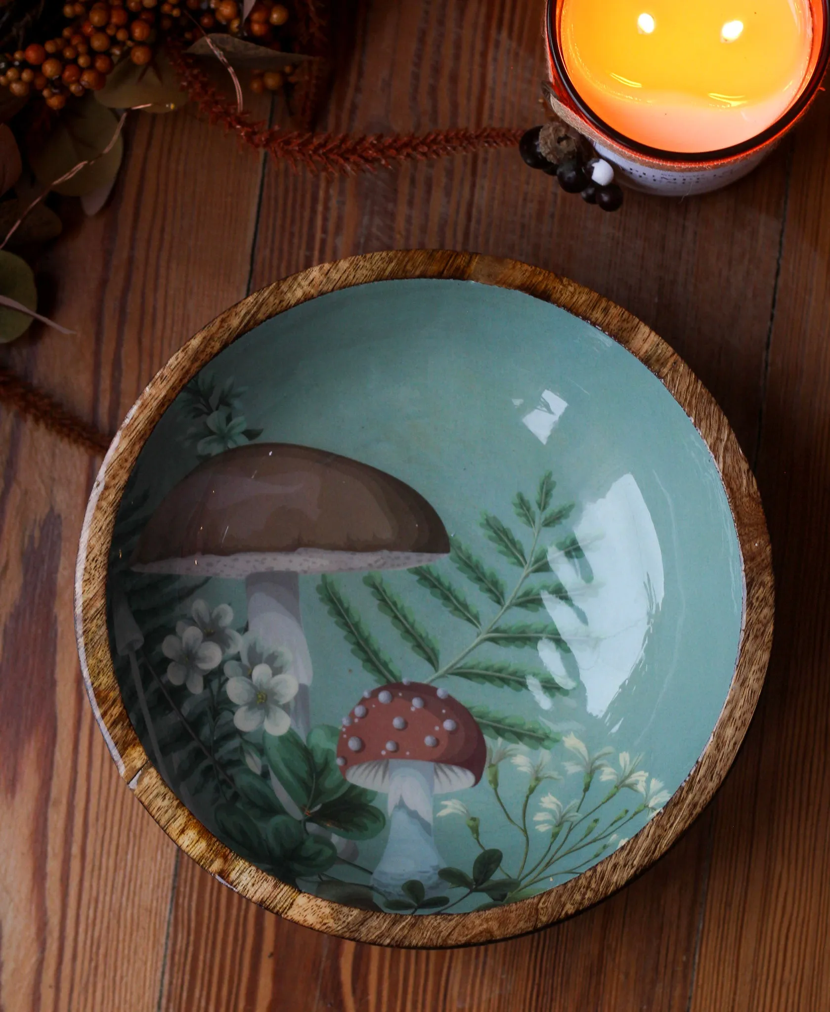 Mango Wood & Enamel Wild Mushroom Bowl - Various Colours