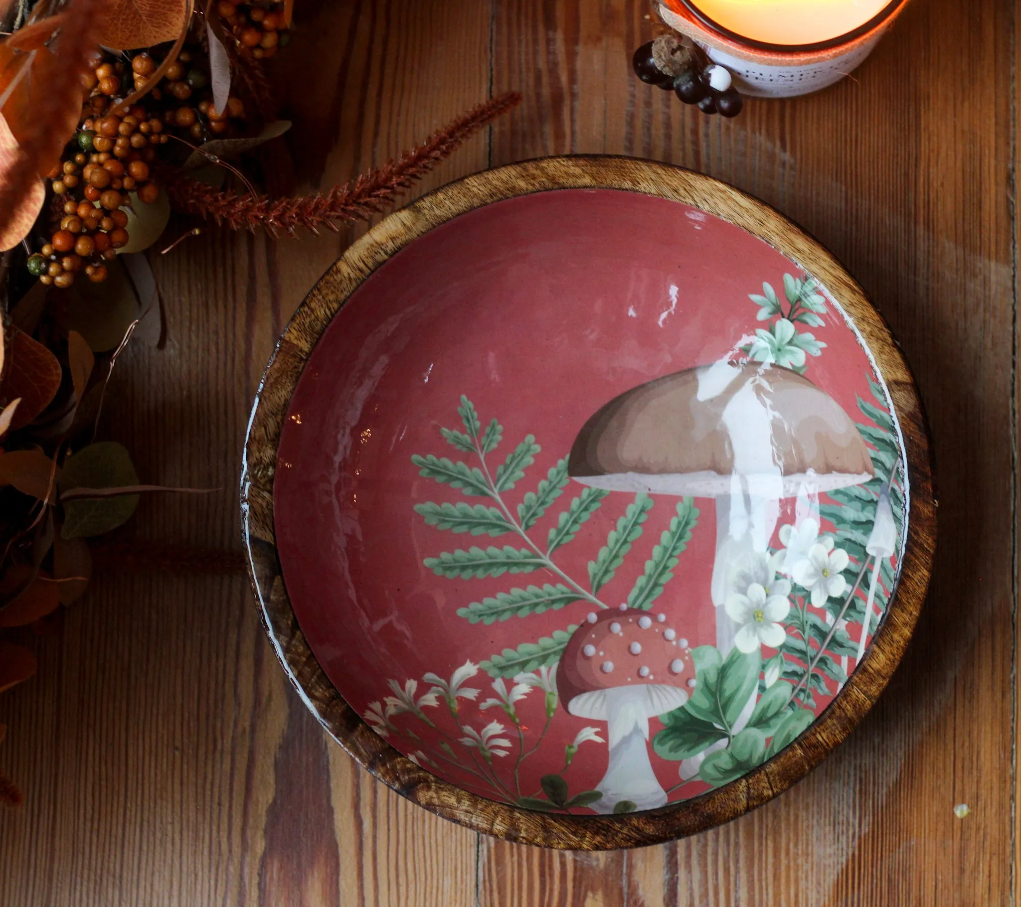 Mango Wood & Enamel Wild Mushroom Bowl - Various Colours