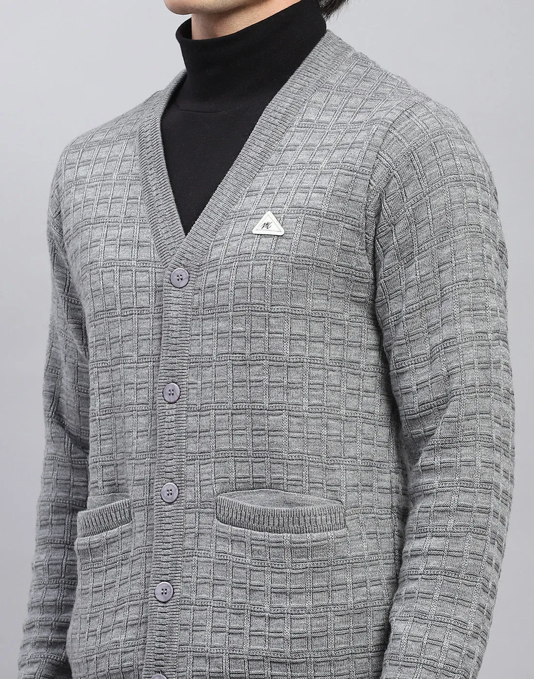 Men Grey Self Design V Neck Full Sleeve Cardigan