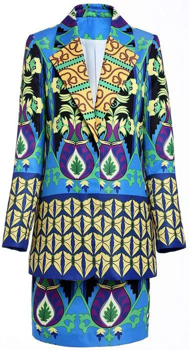 Multicolored Printed Blazer/Jacket & Skirt Set