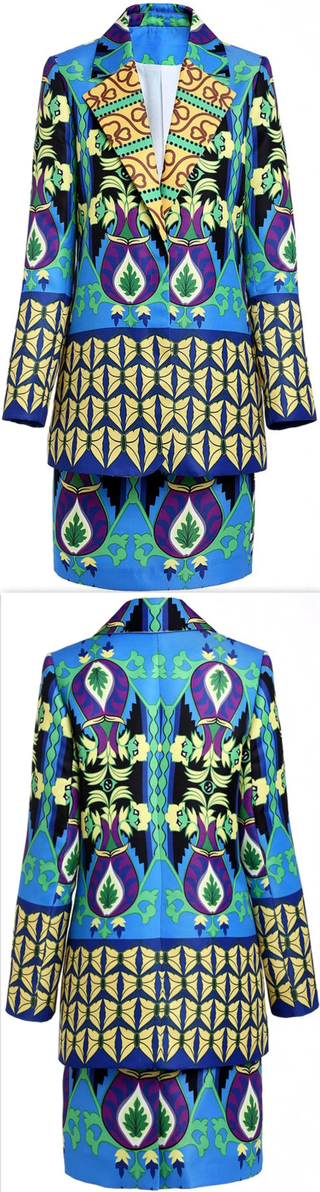 Multicolored Printed Blazer/Jacket & Skirt Set